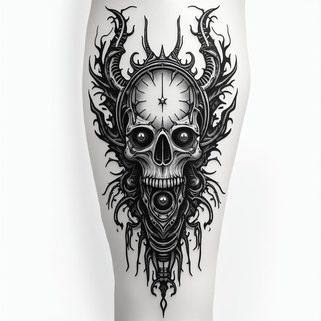 Esoteric Appalachian magictattoo in biomechanic style, the tattoo covered by robotic elements of futuristic cyberpunk design, robotic features detail, showcasing intricate mechanical components - Variation 2
