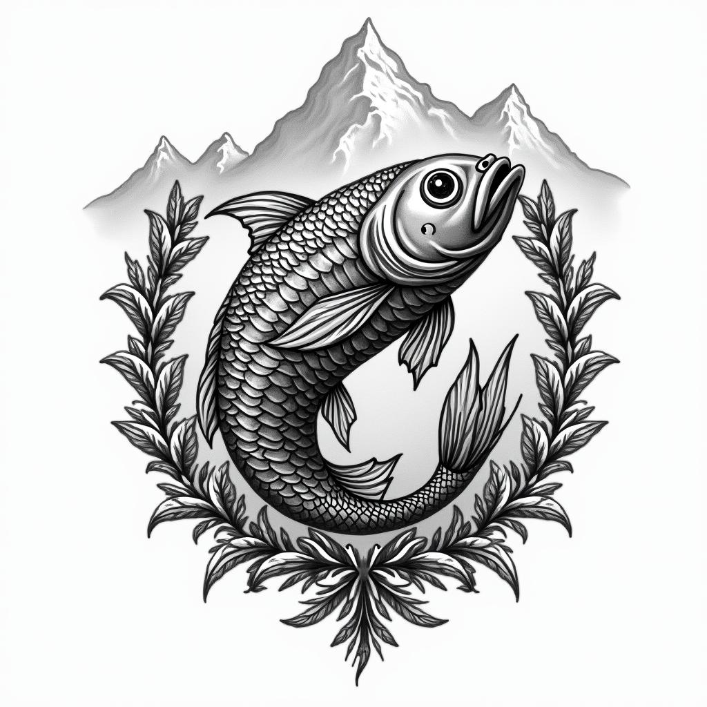 A pisces swimming with mountain Ararat in the background. The pisces face is a beautiful woman’s face. But the body of the fish and a head of a humanin authentic tattoo style, incorporating traditional modifications, bold black outlines, solid color fills, featuring classic authentic elements