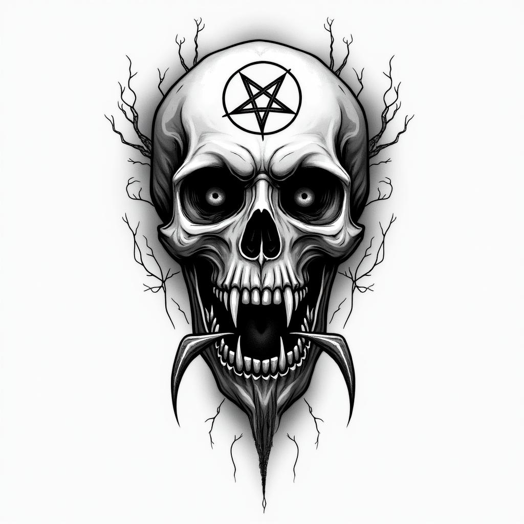Travis Sagittarius Suffolk Vacreepy horror tattoo style, featuring an eerie and unsettling skull of a demonic creature, distorted face with sharp fangs, add pentagram symbol