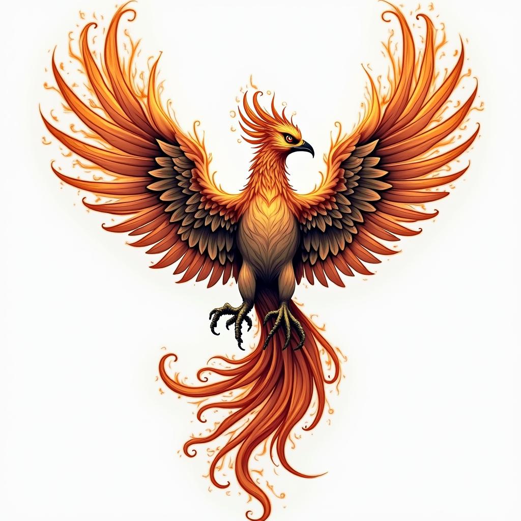 Phoenix with wordsin flame tattoo style showcasing fiery elements with dynamic flame patterns, glowing effect of flames, natural colors - Variation 3