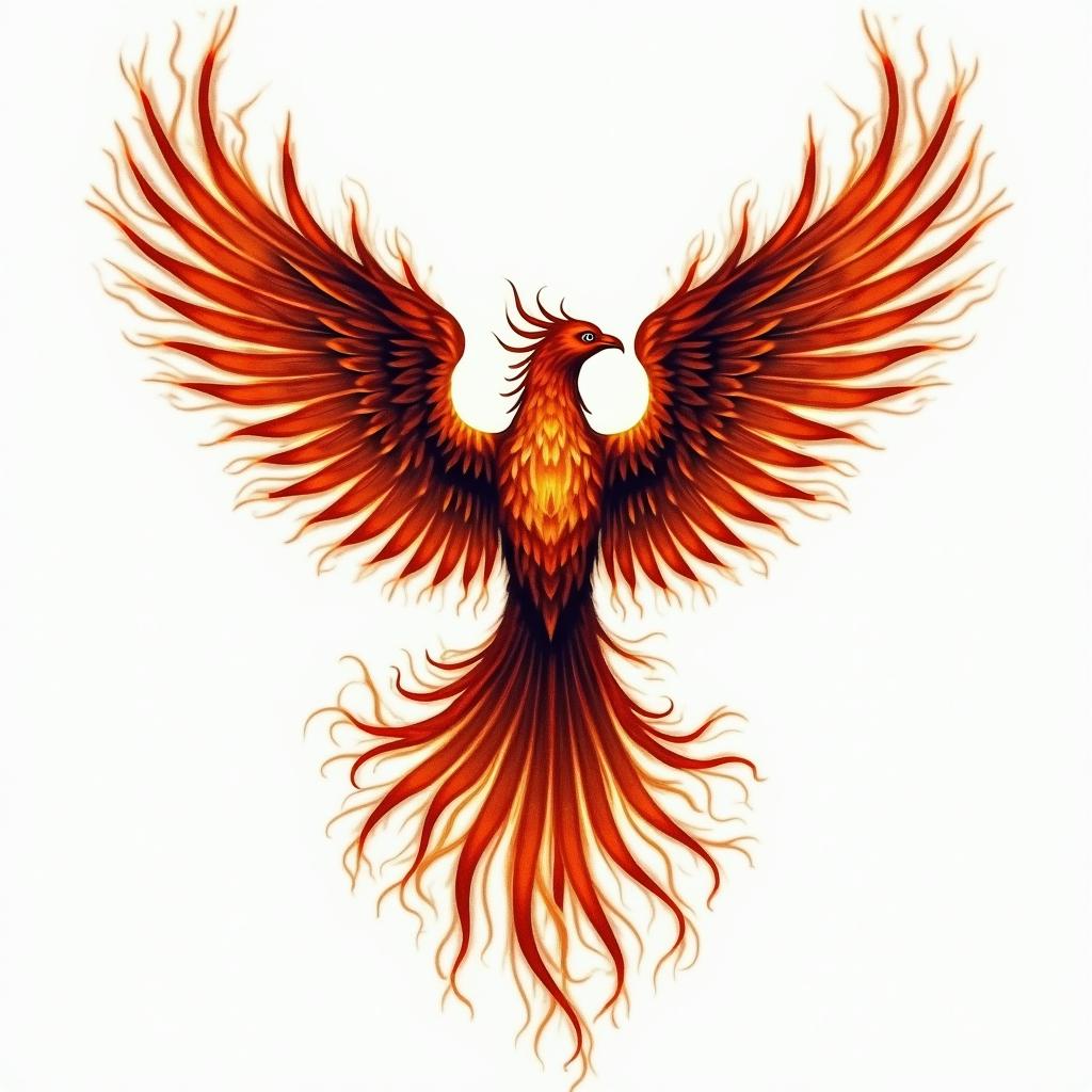 Phoenix with wordsin flame tattoo style showcasing fiery elements with dynamic flame patterns, glowing effect of flames, natural colors