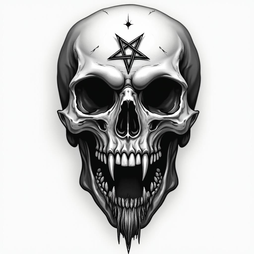 Lipscreepy horror tattoo style, featuring an eerie and unsettling skull of a demonic creature, distorted face with sharp fangs, add pentagram symbol