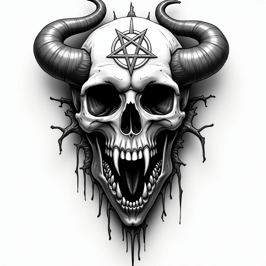 Lipscreepy horror tattoo style, featuring an eerie and unsettling skull of a demonic creature, distorted face with sharp fangs, add pentagram symbol - Variation 4