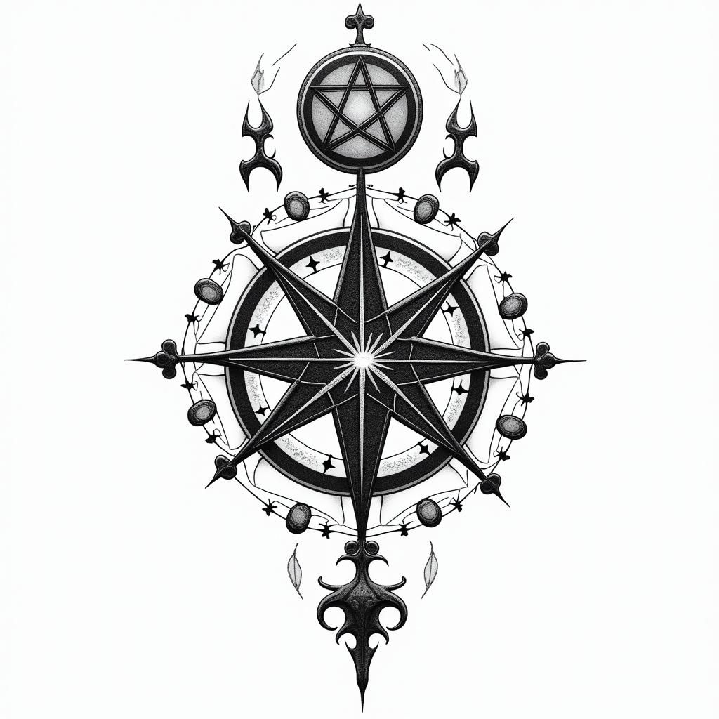 Esoteric Appalachian magicin paganic style tattoo, featuring ancient symbols, add vegvisir symbol, mystical figures, incorporating designs, pentagrams, runes, crescent moons, - Variation 3