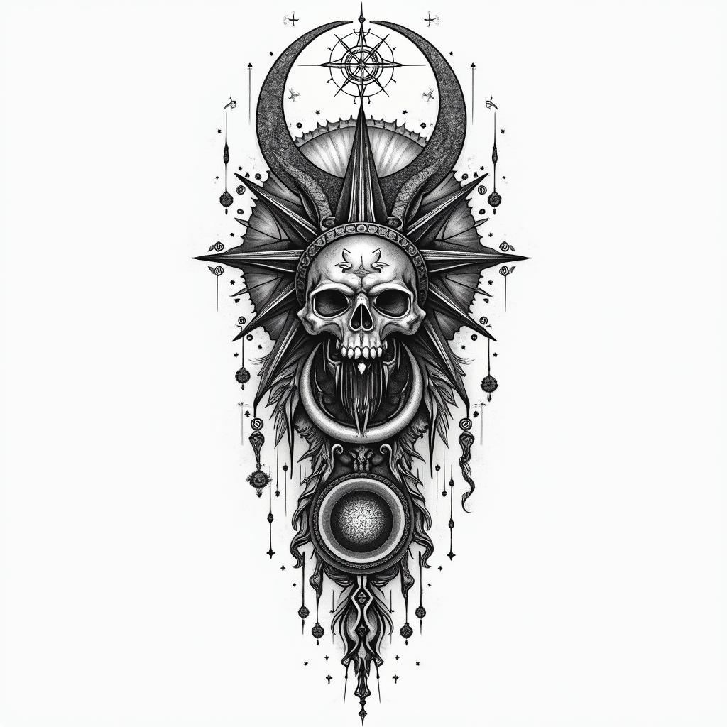 Esoteric Appalachian magicin paganic style tattoo, featuring ancient symbols, add vegvisir symbol, mystical figures, incorporating designs, pentagrams, runes, crescent moons, - Variation 2