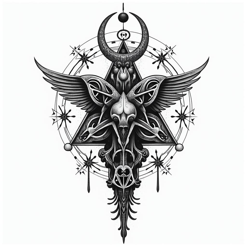 Esoteric Appalachian magicin paganic style tattoo, featuring ancient symbols, add vegvisir symbol, mystical figures, incorporating designs, pentagrams, runes, crescent moons,