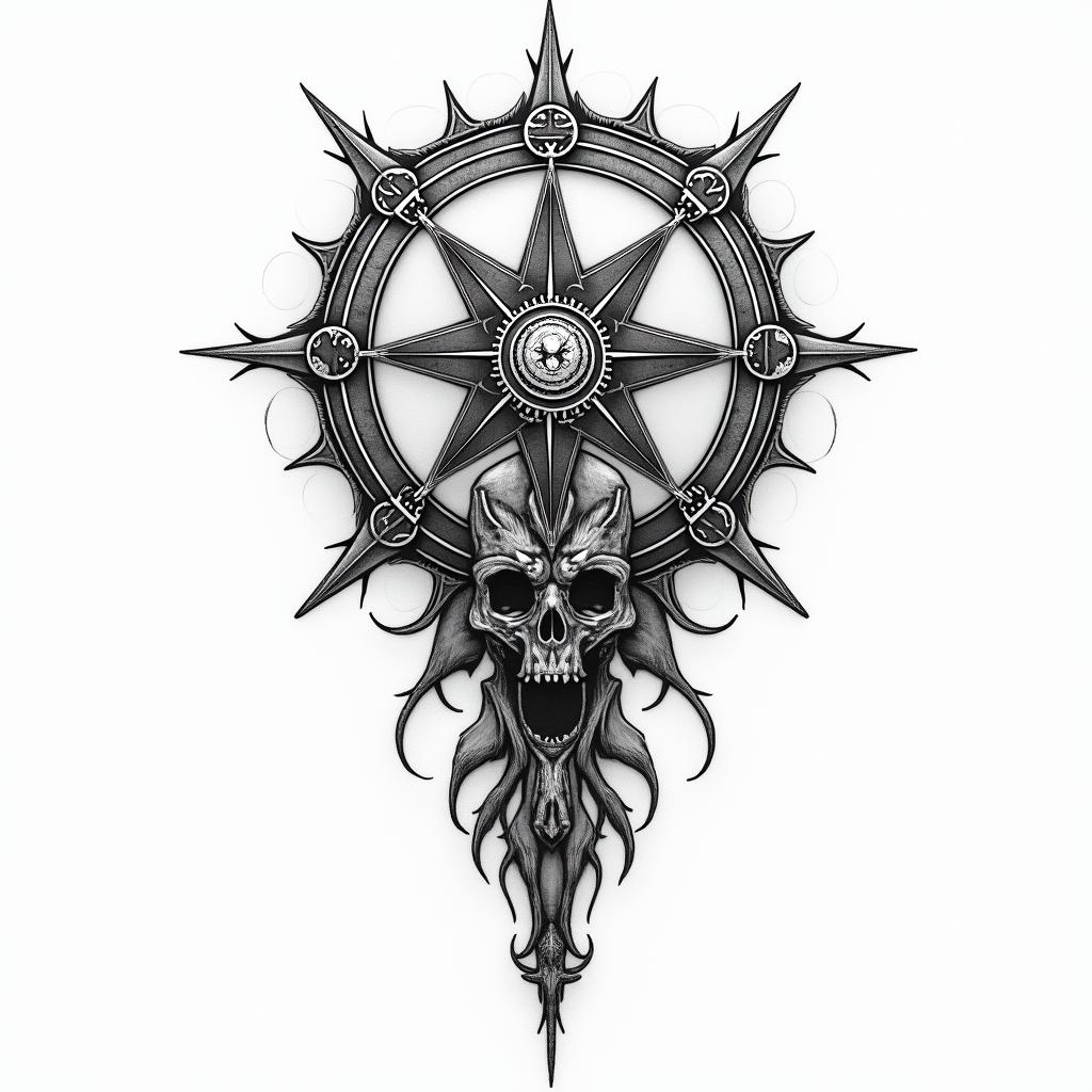 Esoteric Appalachian magicin paganic style tattoo, featuring ancient symbols, add vegvisir symbol, mystical figures, incorporating designs, pentagrams, runes, crescent moons, - Variation 4