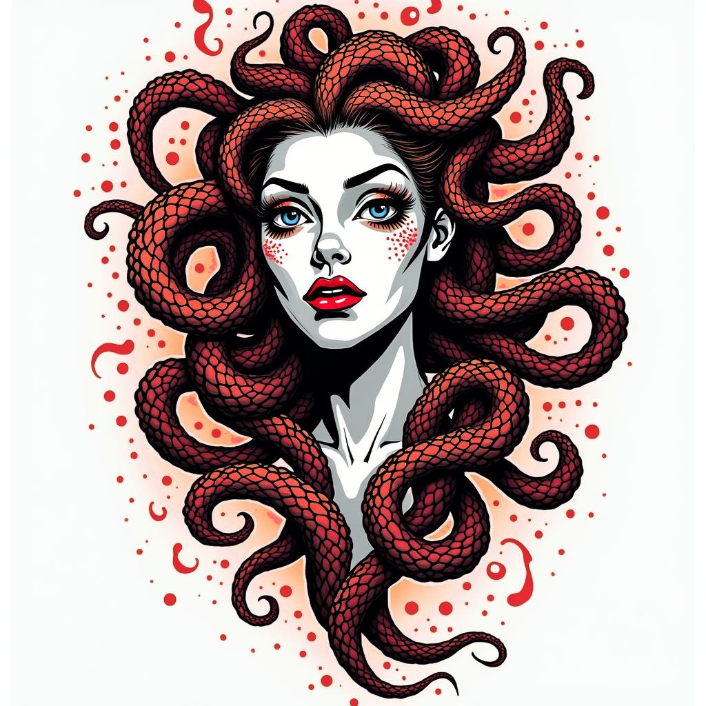 Medusain pop art style tattoo, featuring bold and vibrant colors, exaggerated outlines, iconic imagery, inspired by comic books and speech bubbles, comic book characters, retro pop culture - Variation 3
