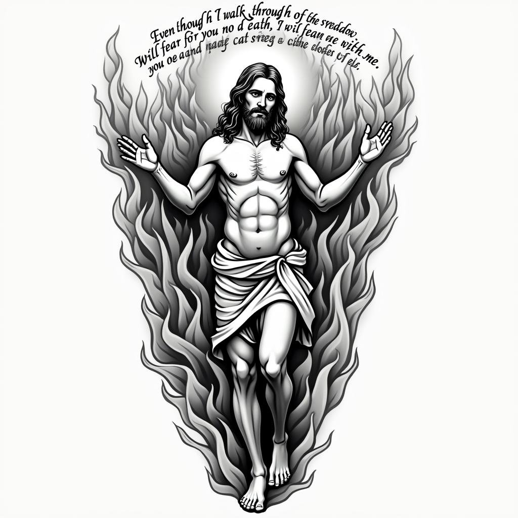 A traditional tattoo design featuring Jesus in an anatomical position, embodying control over chaos, surrounded by flames in the background. Above the figure, the text reads, "Even though I walk through the valley of the shadow of death, I will fear no evil, for you are with me; your rod and your staff, they comfort me," curving over the top of the image.higly detailed tattoo