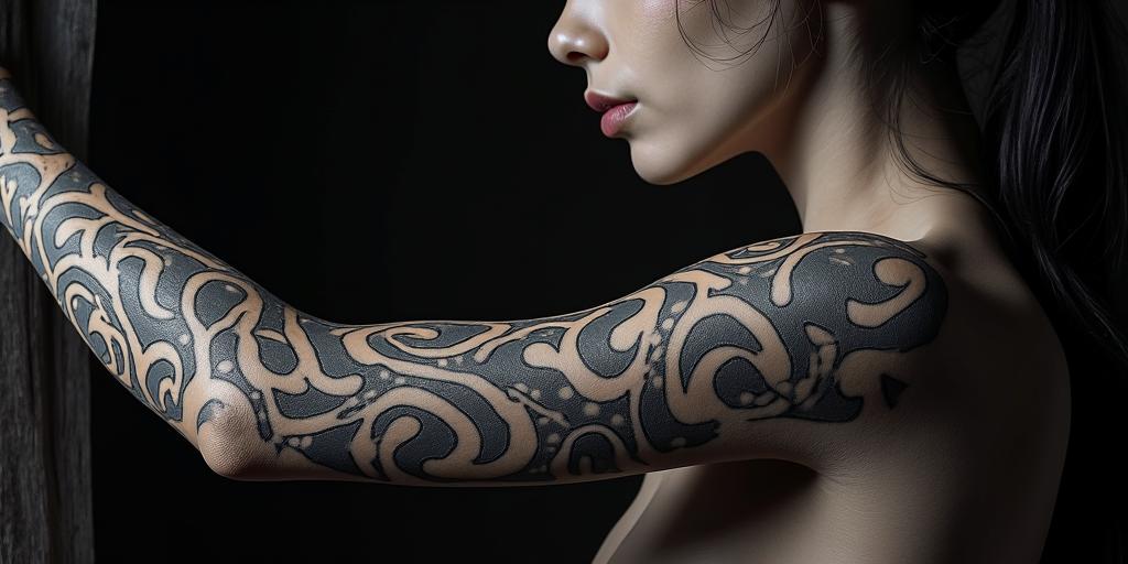 Futuristic cyberpunk girl with neon accentsin tribal tattoo style, featuring bold and black geometric shapes, curved lines, intertwine and flow seamlessly, creating a powerful and symbolic design, polynesian and maori styles