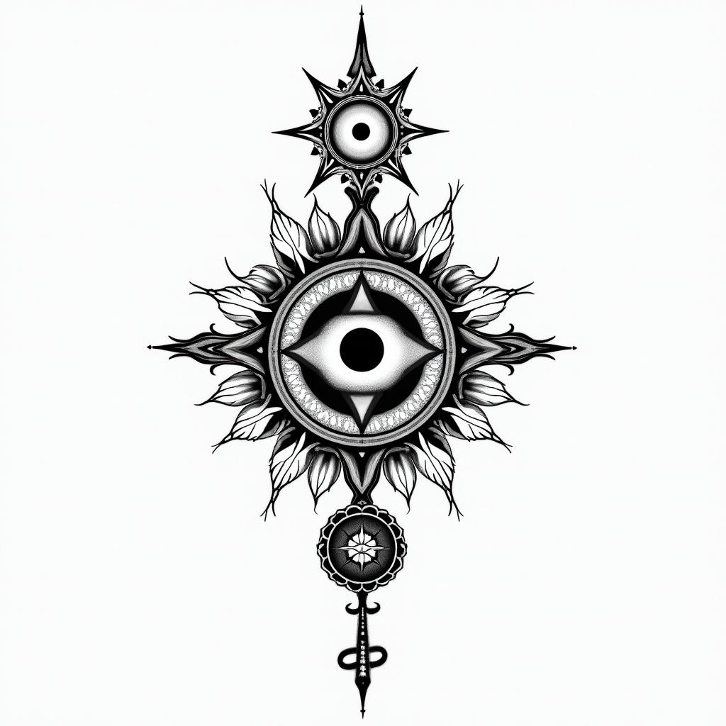 Esoteric Appalachian magicin spiritual symbols tattoo style, featuring an intricate design incorporating elements, Hamsa hand, third eye, minimalist composition - Variation 3