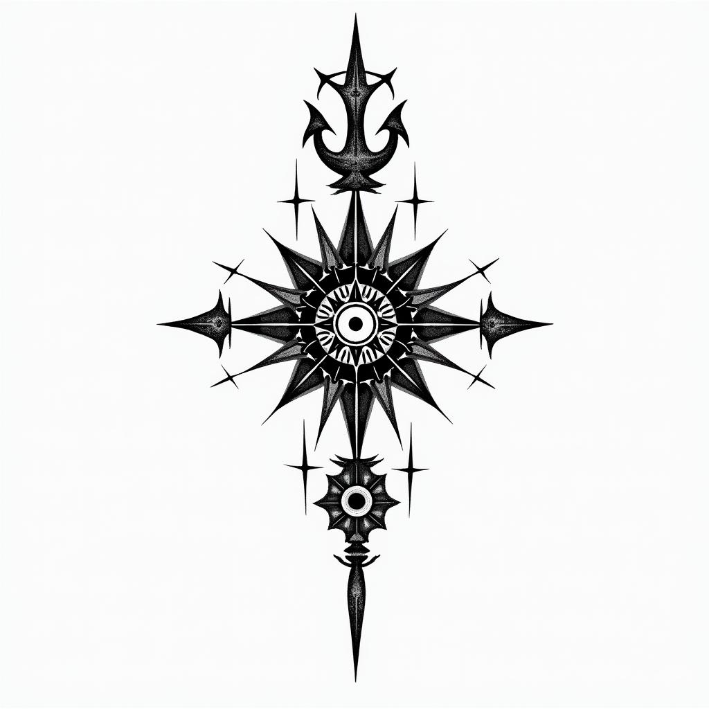 Esoteric Appalachian magicin spiritual symbols tattoo style, featuring an intricate design incorporating elements, Hamsa hand, third eye, minimalist composition - Variation 1