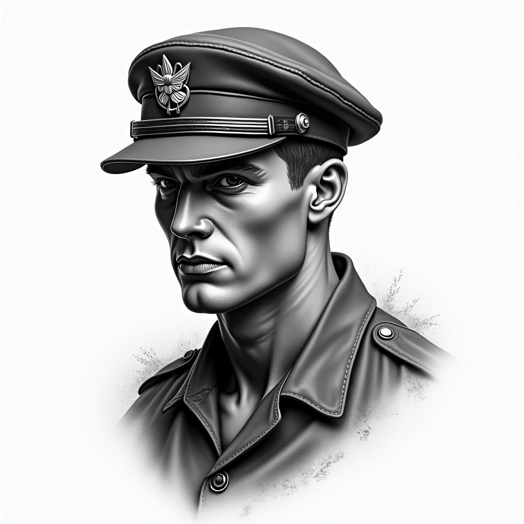 American Soldier, aquarius, feb 10, 1994in portrait tattoo style, featuring a highly realistic and detailed depiction 