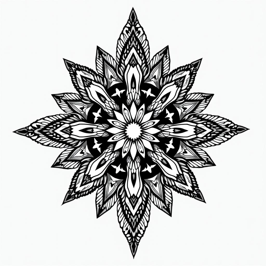 American Soldier, aquarius, feb 10, 1994in dotwork style tattoo, complex mandala patterns, interlocking geometric shapes with sharp symmetry, clean lines, sharp angles - Variation 3
