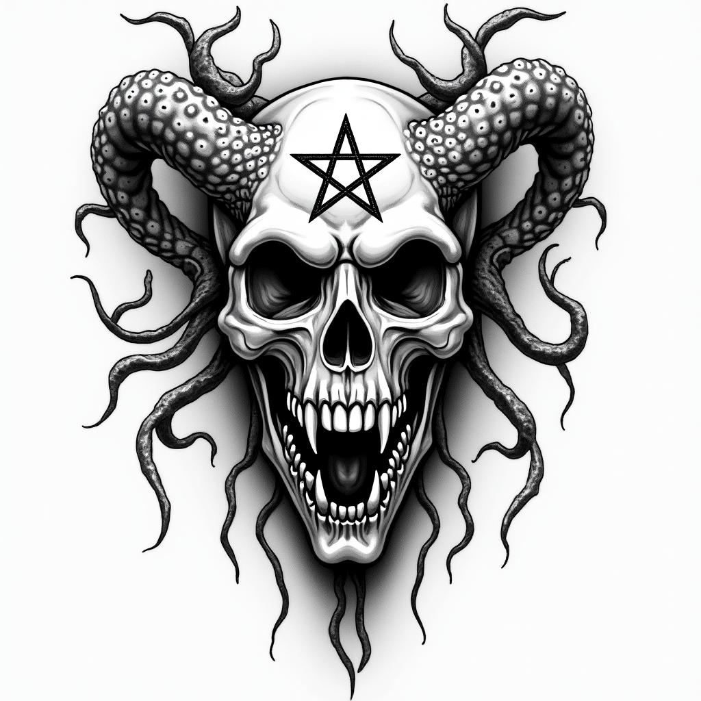 Medusacreepy horror tattoo style, featuring an eerie and unsettling skull of a demonic creature, distorted face with sharp fangs, add pentagram symbol - Variation 3