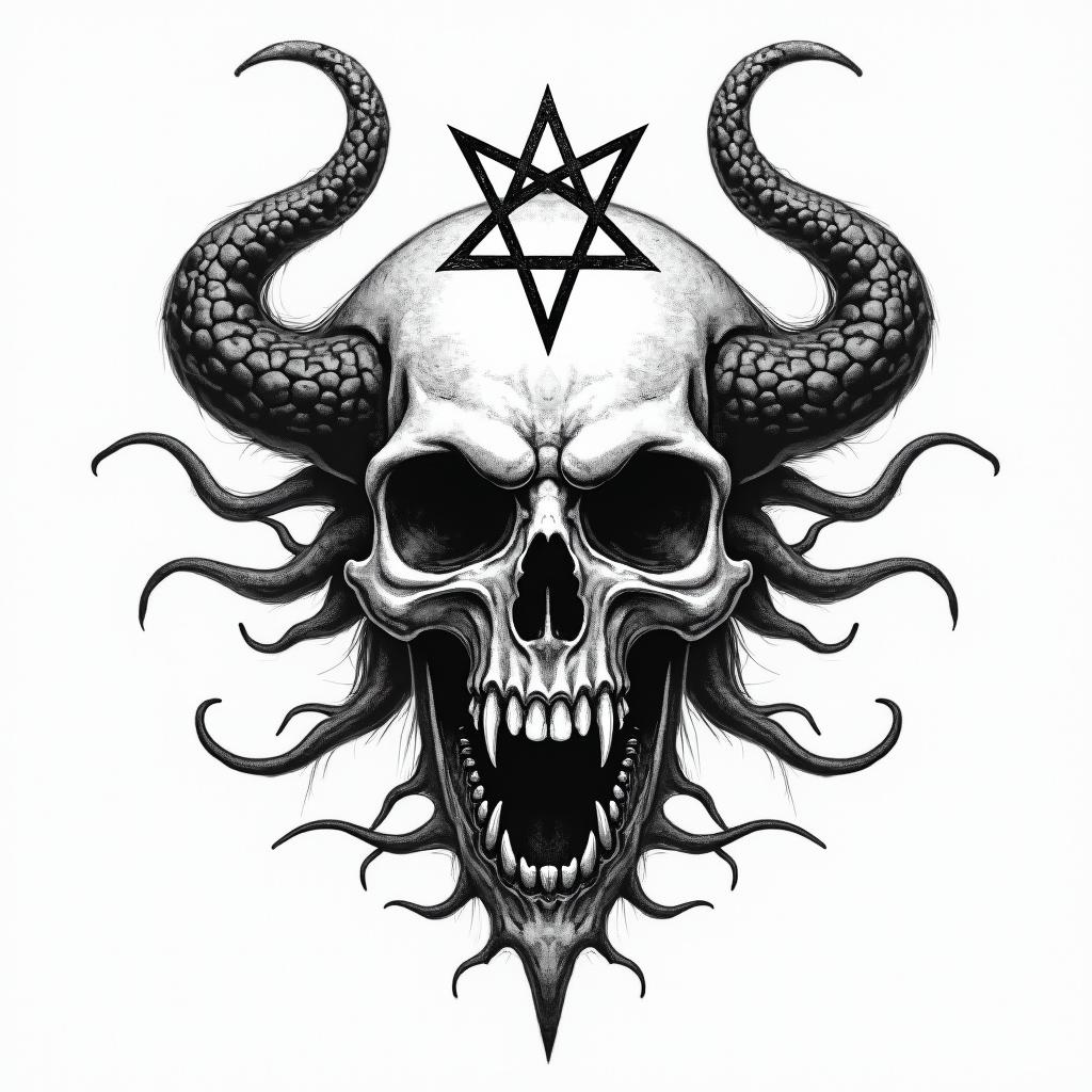 Medusacreepy horror tattoo style, featuring an eerie and unsettling skull of a demonic creature, distorted face with sharp fangs, add pentagram symbol