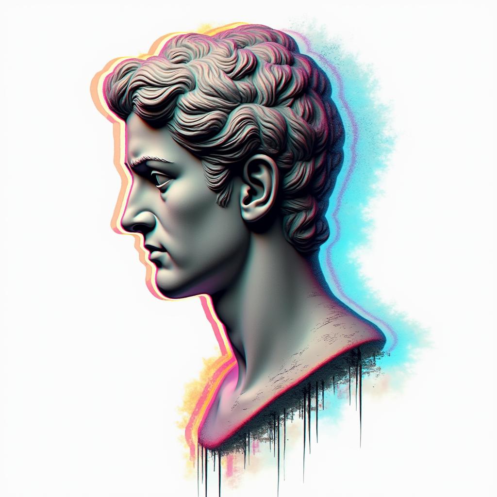 American Soldier, aquarius, feb 10, 1994in distorted and fragmented tattoo design, featuring a classical statue bust, in a glitch art style with vibrant, overlapping colors of cyan, magenta, and yellow, creating a digital distortion effect - Variation 2