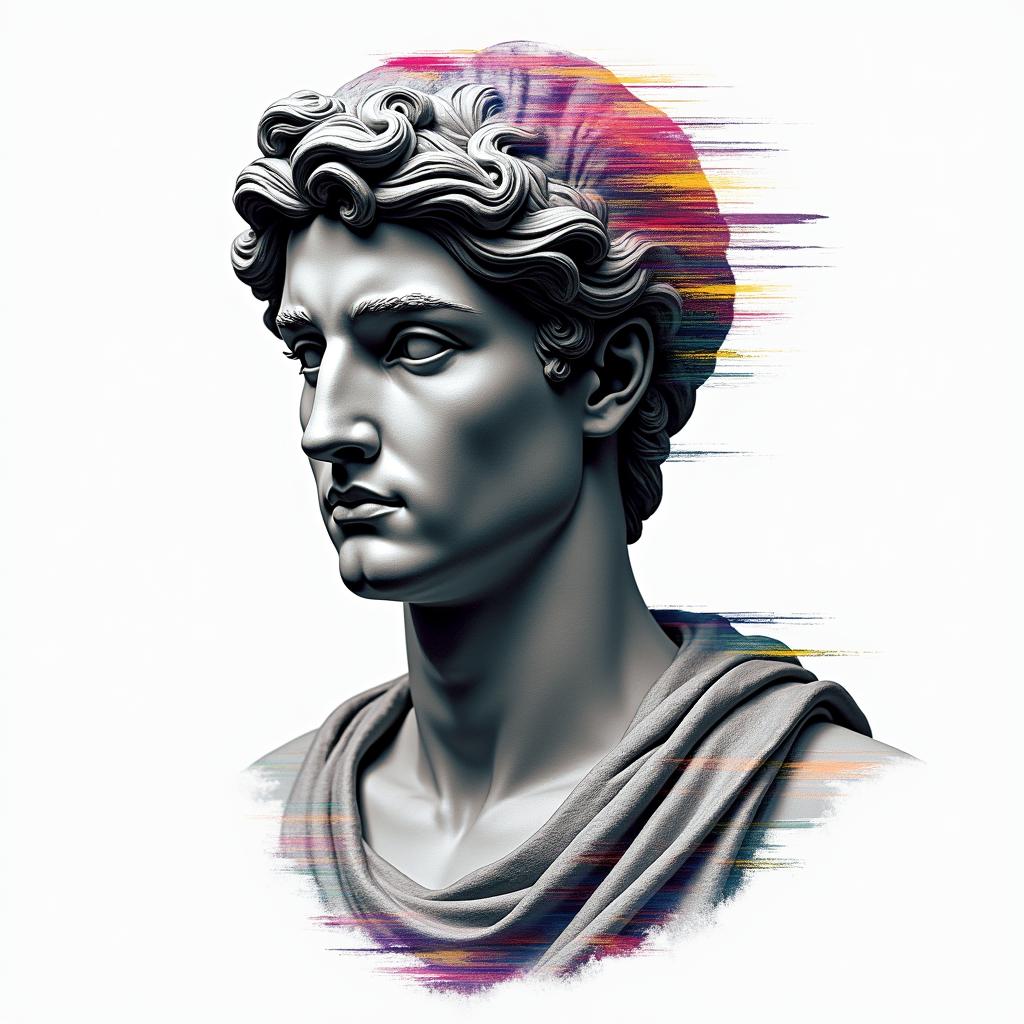 American Soldier, aquarius, feb 10, 1994in distorted and fragmented tattoo design, featuring a classical statue bust, in a glitch art style with vibrant, overlapping colors of cyan, magenta, and yellow, creating a digital distortion effect