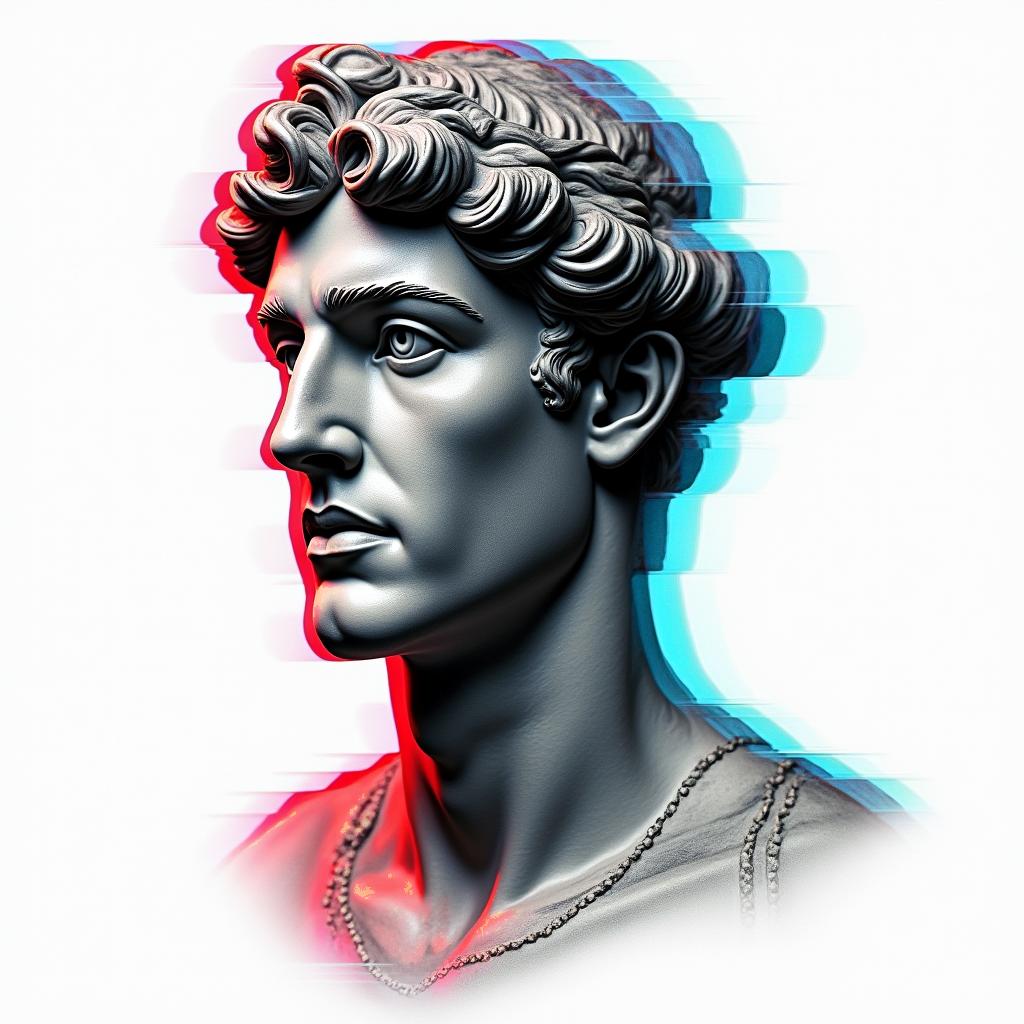 American Soldier, aquarius, feb 10, 1994in distorted and fragmented tattoo design, featuring a classical statue bust, in a glitch art style with vibrant, overlapping colors of cyan, magenta, and yellow, creating a digital distortion effect - Variation 3