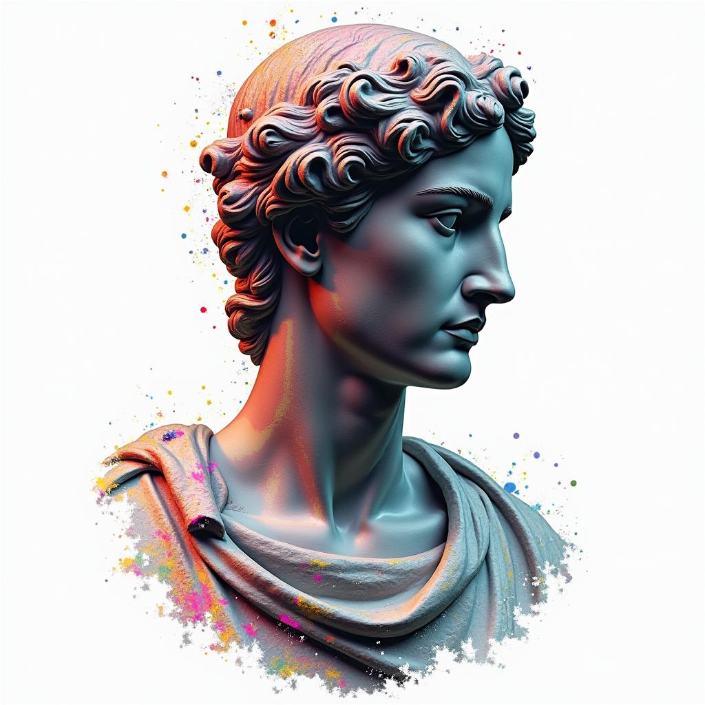 American Soldier, aquarius, feb 10, 1994in distorted and fragmented tattoo design, featuring a classical statue bust, in a glitch art style with vibrant, overlapping colors of cyan, magenta, and yellow, creating a digital distortion effect - Variation 4