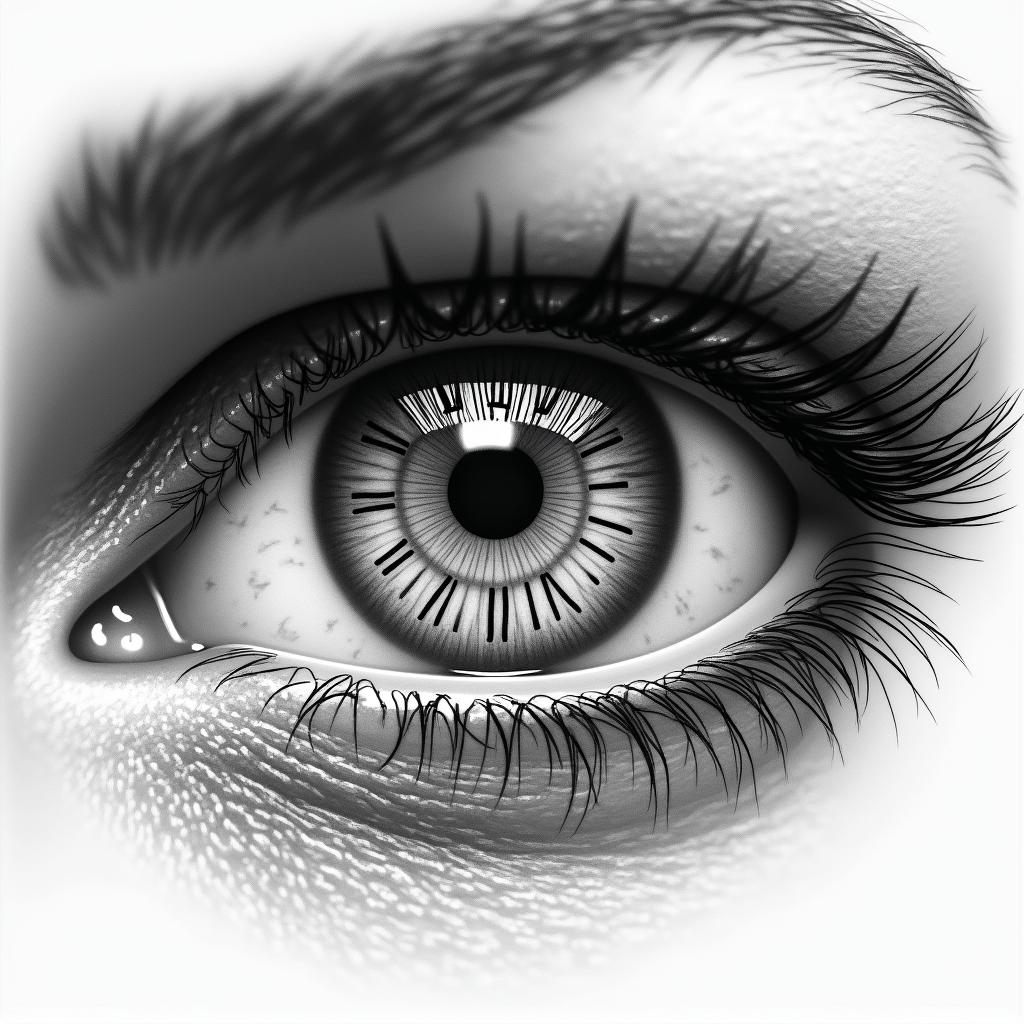 A woman’s eye, close up, the pupil is a clock, Roman numerical.in realism tattoo style, featuring a highly detailed, lifelike, capturing every detail, photorealistic, ultra realistic, intricate shading, smooth and sharp,