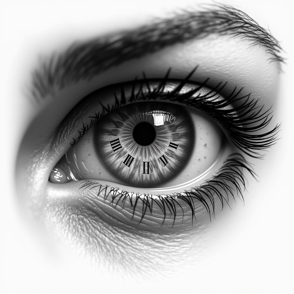 A woman’s eye, close up, the pupil is a clock, Roman numerical.in realism tattoo style, featuring a highly detailed, lifelike, capturing every detail, photorealistic, ultra realistic, intricate shading, smooth and sharp,   - Variation 3