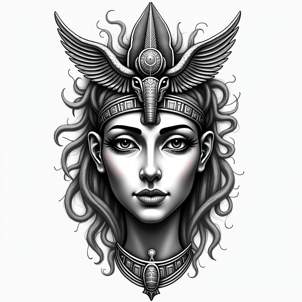 Medusain egyptian style tattoo, bold elements of ancient egyptian culture including a portrait of an Egyptian pharaoh with detailed facial features, in hieroglyphs and symbolic imagery, eye of horus, ankh symbol, scarab beetle - Variation 4