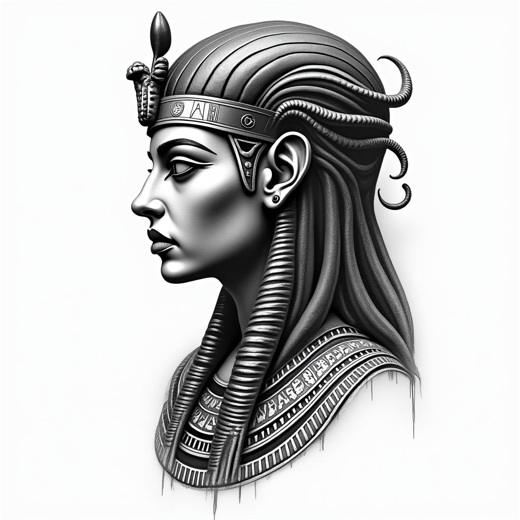 Medusain egyptian style tattoo, bold elements of ancient egyptian culture including a portrait of an Egyptian pharaoh with detailed facial features, in hieroglyphs and symbolic imagery, eye of horus, ankh symbol, scarab beetle - Variation 3