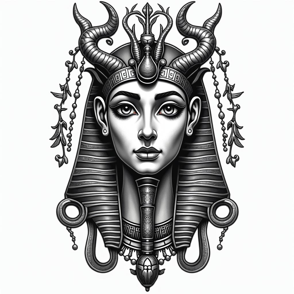 Medusain egyptian style tattoo, bold elements of ancient egyptian culture including a portrait of an Egyptian pharaoh with detailed facial features, in hieroglyphs and symbolic imagery, eye of horus, ankh symbol, scarab beetle