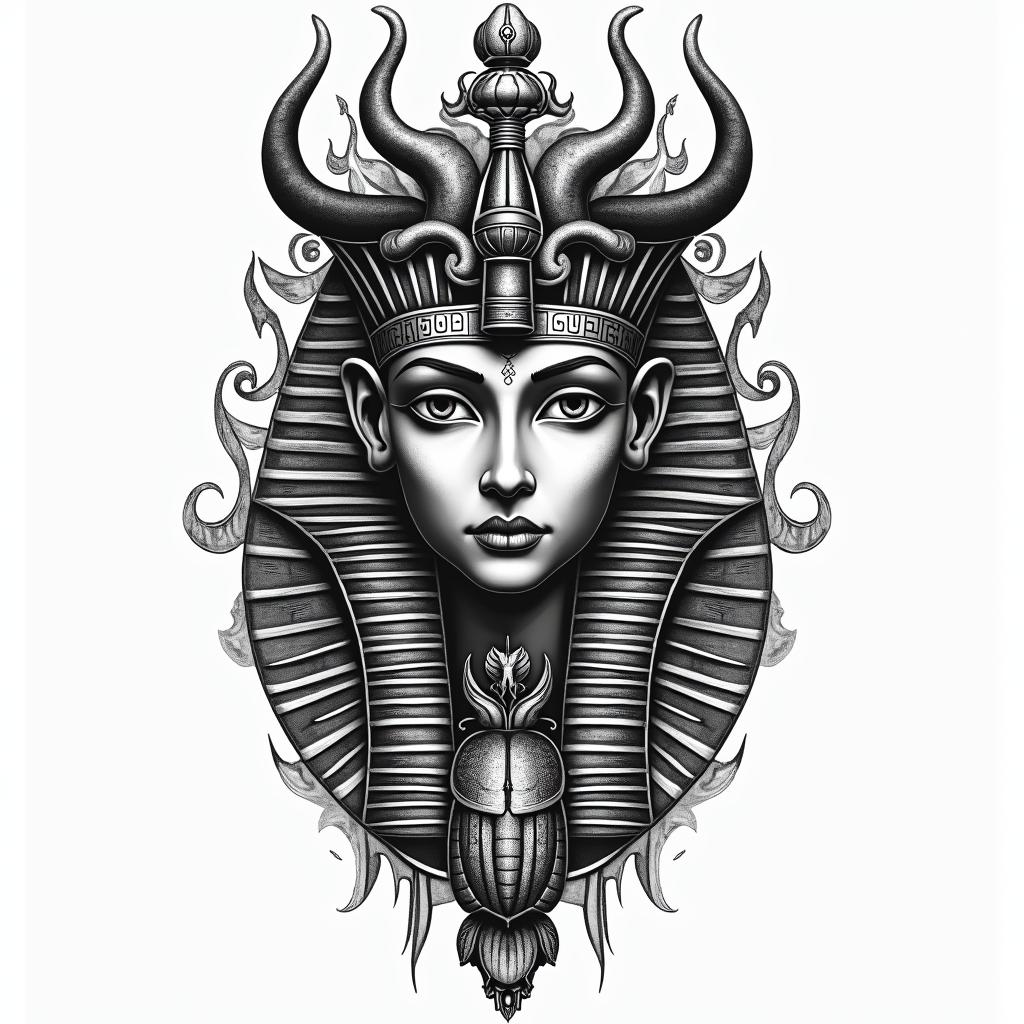Medusain egyptian style tattoo, bold elements of ancient egyptian culture including a portrait of an Egyptian pharaoh with detailed facial features, in hieroglyphs and symbolic imagery, eye of horus, ankh symbol, scarab beetle - Variation 2