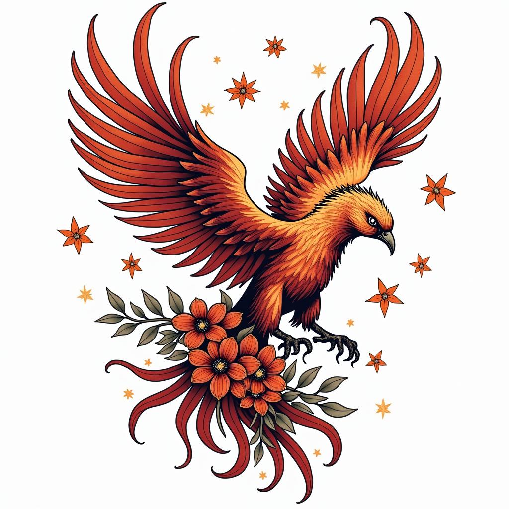 Phoenix with flowers and starsin pop art style tattoo, featuring bold and vibrant colors, exaggerated outlines, iconic imagery, inspired by comic books and speech bubbles, comic book characters, retro pop culture - Variation 3