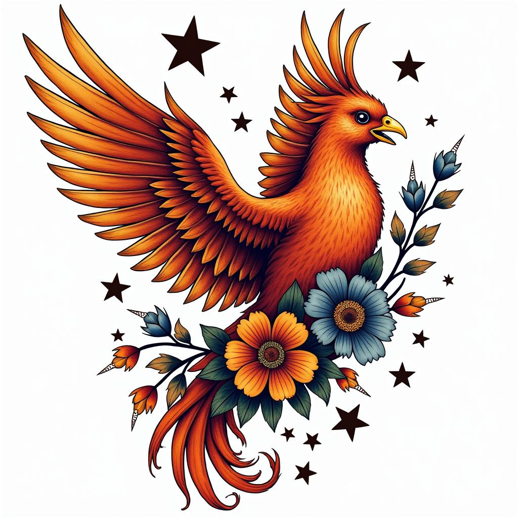 Phoenix with flowers and starsin pop art style tattoo, featuring bold and vibrant colors, exaggerated outlines, iconic imagery, inspired by comic books and speech bubbles, comic book characters, retro pop culture - Variation 4