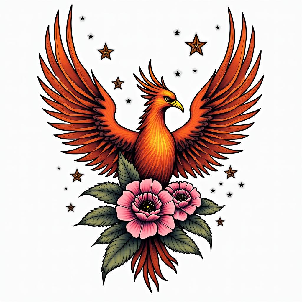 Phoenix with flowers and starsin pop art style tattoo, featuring bold and vibrant colors, exaggerated outlines, iconic imagery, inspired by comic books and speech bubbles, comic book characters, retro pop culture - Variation 2