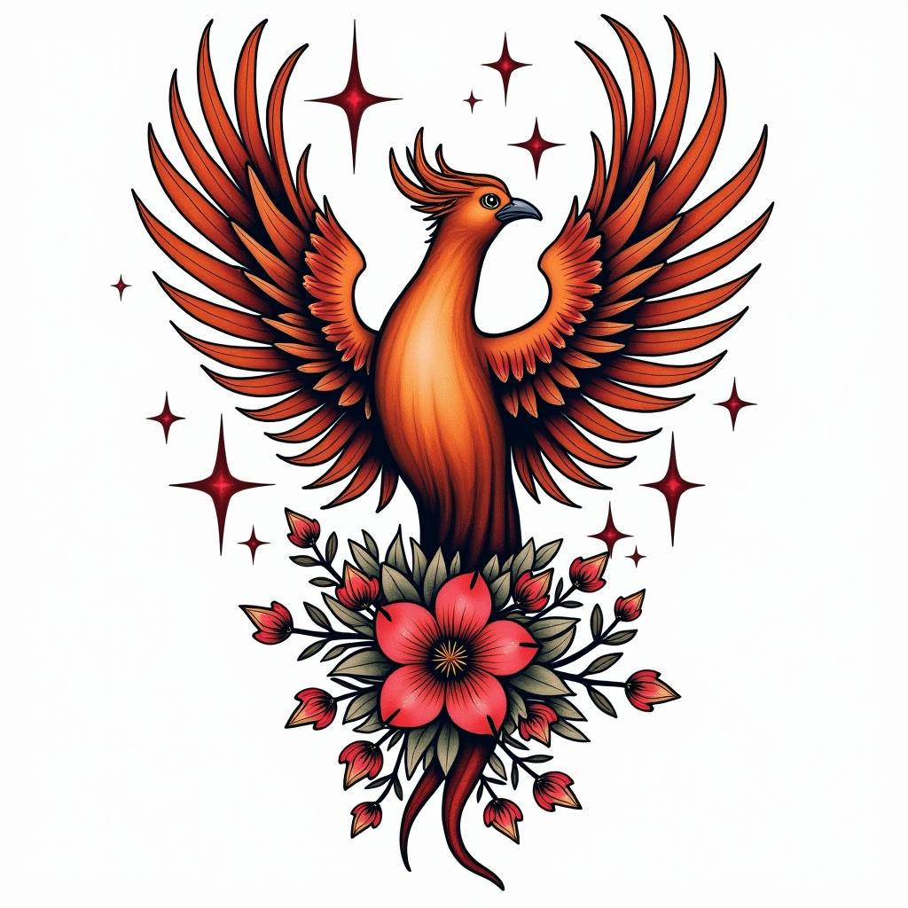Phoenix with flowers and starsin pop art style tattoo, featuring bold and vibrant colors, exaggerated outlines, iconic imagery, inspired by comic books and speech bubbles, comic book characters, retro pop culture