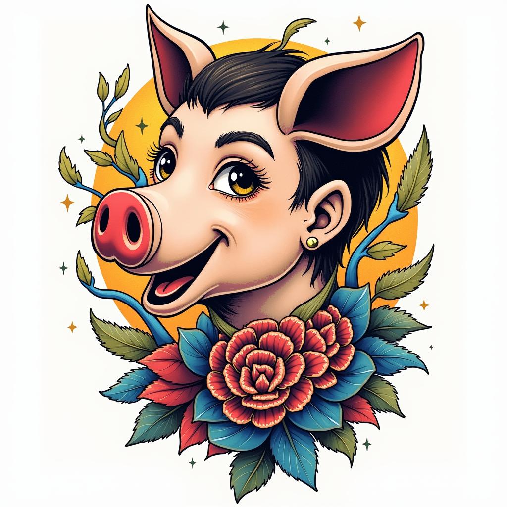 Sam Duero's zodiac sign is Aries, as he was born on April 3, 1995, which is also the Year of the Pig according to the Chinese zodiac.in pop art style tattoo, featuring bold and vibrant colors, exaggerated outlines, iconic imagery, inspired by comic books and speech bubbles, comic book characters, retro pop culture