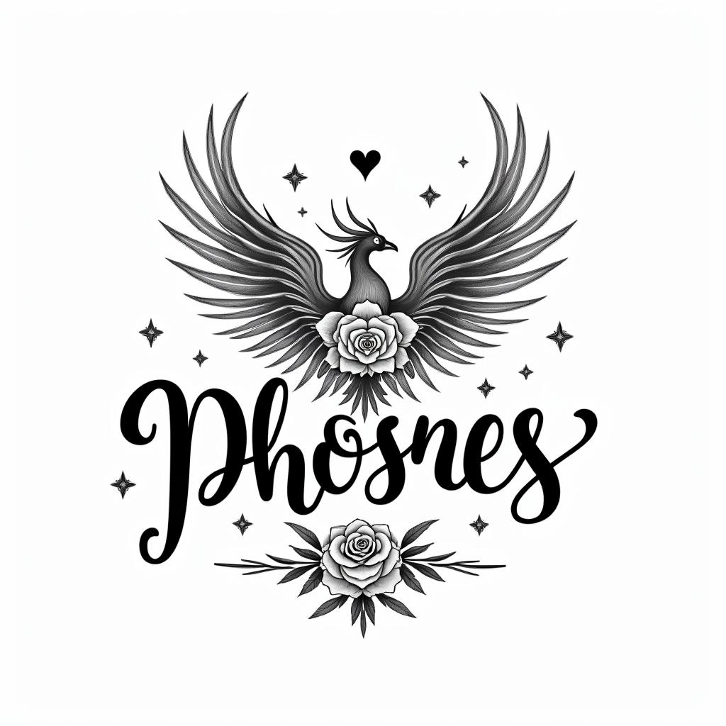 Phoenix with flowers and starsin elegant cursive calligraphy style 2d tattoo, decorate with roses, featuring a smooth and flowing handwritten script with slightly thickened strokes for a luxurious and bold appearance,  heart symbol between names,  sleek and glossy black text with shadowing, minimalist matte white background, clean and sharp edges, illuminated with soft lighting, romantic, 8k, high-quality textures with refined typography - Variation 5