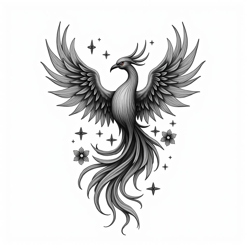 Phoenix with flowers and starsin elegant cursive calligraphy style 2d tattoo, decorate with roses, featuring a smooth and flowing handwritten script with slightly thickened strokes for a luxurious and bold appearance,  heart symbol between names,  sleek and glossy black text with shadowing, minimalist matte white background, clean and sharp edges, illuminated with soft lighting, romantic, 8k, high-quality textures with refined typography - Variation 7