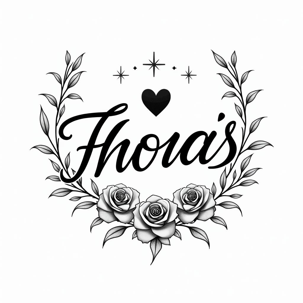 Phoenix with flowers and starsin elegant cursive calligraphy style 2d tattoo, decorate with roses, featuring a smooth and flowing handwritten script with slightly thickened strokes for a luxurious and bold appearance,  heart symbol between names,  sleek and glossy black text with shadowing, minimalist matte white background, clean and sharp edges, illuminated with soft lighting, romantic, 8k, high-quality textures with refined typography - Variation 8