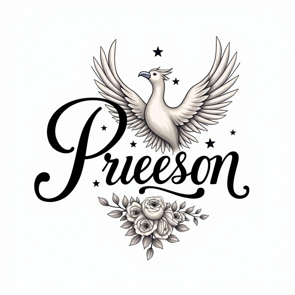 Phoenix with flowers and starsin elegant cursive calligraphy style 2d tattoo, decorate with roses, featuring a smooth and flowing handwritten script with slightly thickened strokes for a luxurious and bold appearance,  heart symbol between names,  sleek and glossy black text with shadowing, minimalist matte white background, clean and sharp edges, illuminated with soft lighting, romantic, 8k, high-quality textures with refined typography - Variation 6