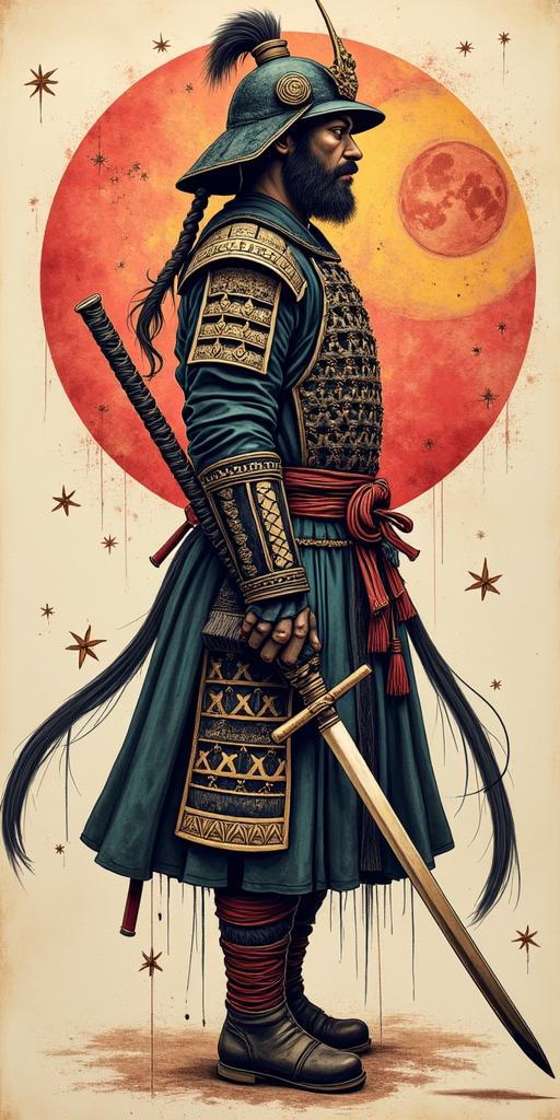 Samurai with a katanain paganic style tattoo, featuring ancient symbols, add vegvisir symbol, mystical figures, incorporating designs, pentagrams, runes, crescent moons, - Variation 2