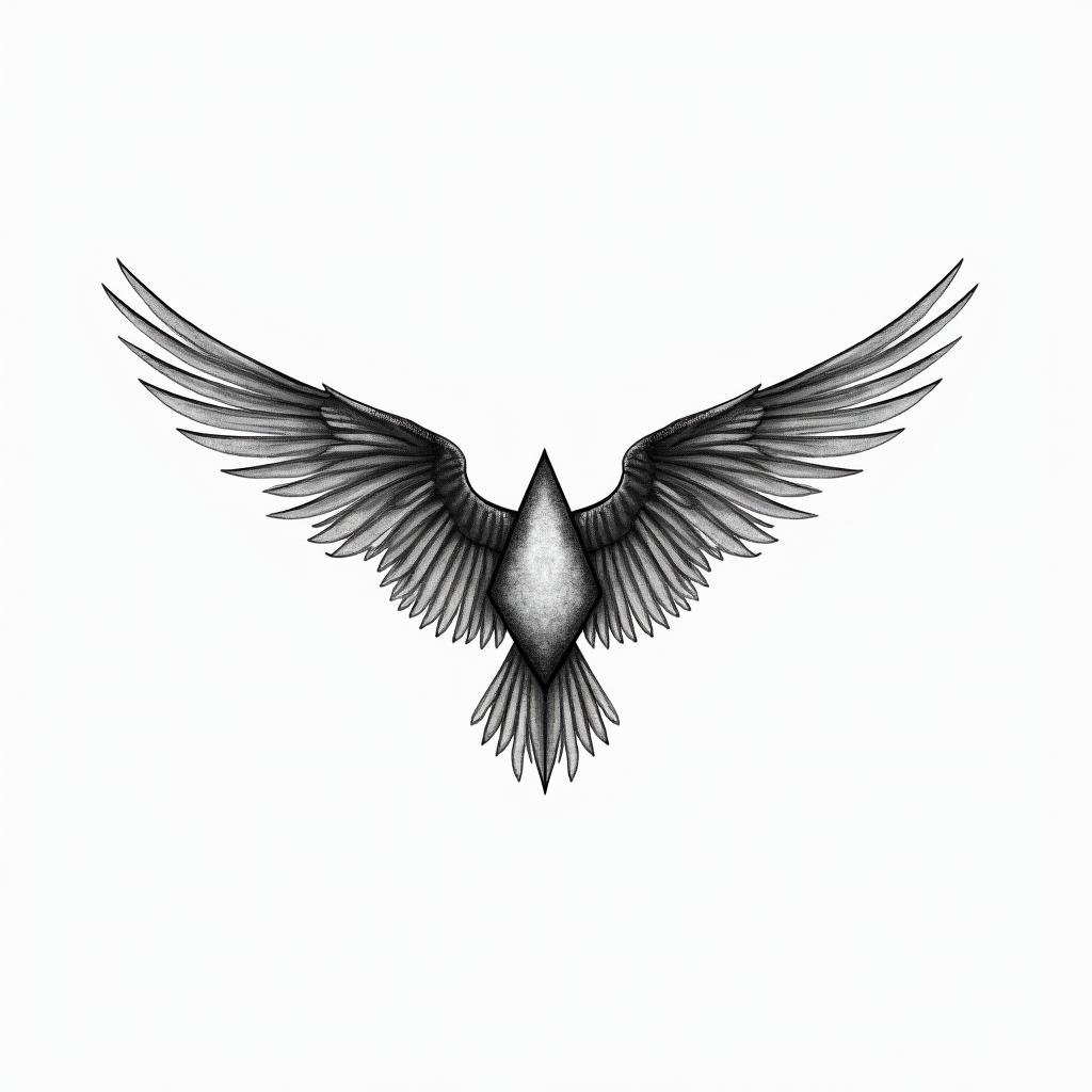 Against broken wings,
A front afraid,
Rise anew.in minimalist style tattoo, featuring simple shapes and fine lines, with minimal shading and details, tiny triangles, creating a sense of balance and harmony