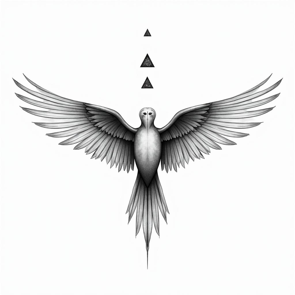 Against broken wings,
A front afraid,
Rise anew.in minimalist style tattoo, featuring simple shapes and fine lines, with minimal shading and details, tiny triangles, creating a sense of balance and harmony - Variation 3