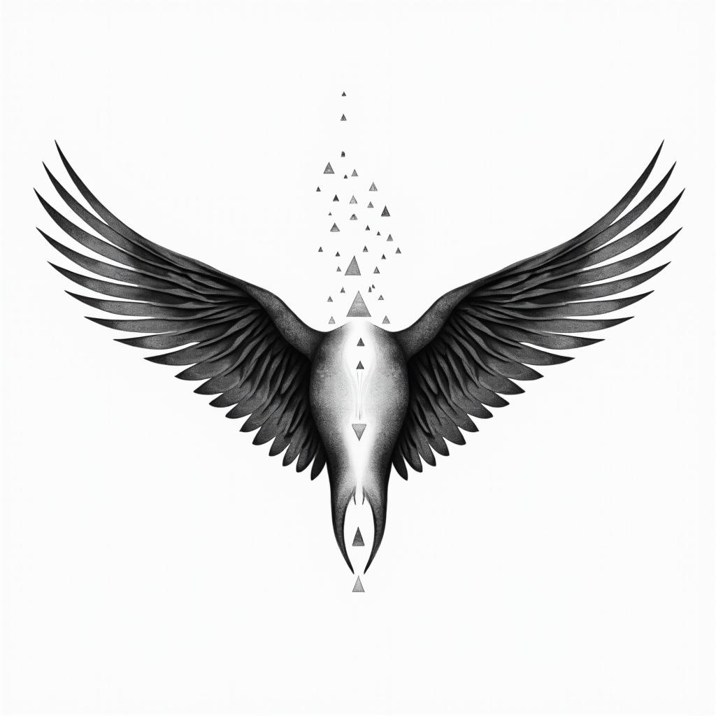 Against broken wings,
A front afraid,
Rise anew.in minimalist style tattoo, featuring simple shapes and fine lines, with minimal shading and details, tiny triangles, creating a sense of balance and harmony - Variation 4