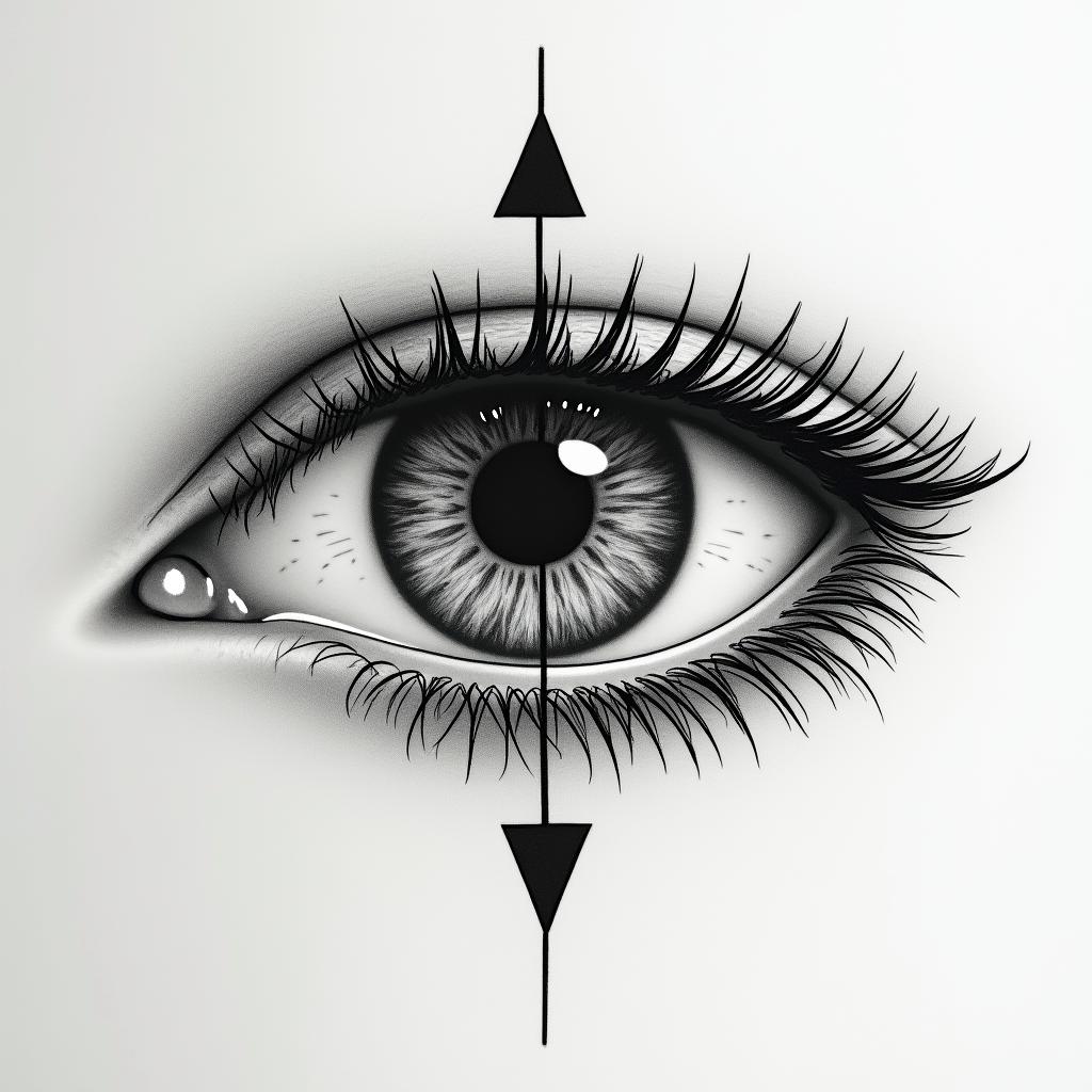A woman’s eye, close up, the pupil is a clock, Roman numerical.in minimalist style tattoo, featuring simple shapes and fine lines, with minimal shading and details, tiny triangles, creating a sense of balance and harmony