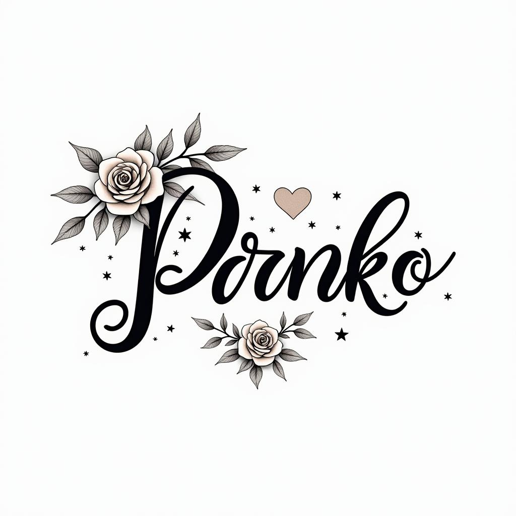 Phoenix with flowers and starsin elegant cursive calligraphy style 2d tattoo, decorate with roses, featuring a smooth and flowing handwritten script with slightly thickened strokes for a luxurious and bold appearance,  heart symbol between names,  sleek and glossy black text with shadowing, minimalist matte white background, clean and sharp edges, illuminated with soft lighting, romantic, 8k, high-quality textures with refined typography - Variation 2