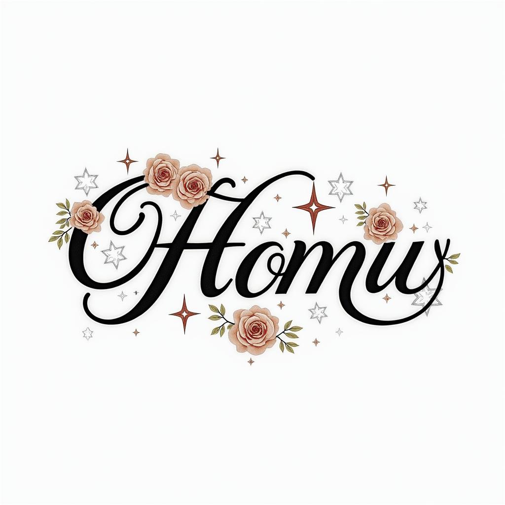 Phoenix with flowers and starsin elegant cursive calligraphy style 2d tattoo, decorate with roses, featuring a smooth and flowing handwritten script with slightly thickened strokes for a luxurious and bold appearance,  heart symbol between names,  sleek and glossy black text with shadowing, minimalist matte white background, clean and sharp edges, illuminated with soft lighting, romantic, 8k, high-quality textures with refined typography