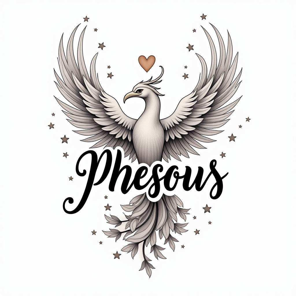 Phoenix with flowers and starsin elegant cursive calligraphy style 2d tattoo, decorate with roses, featuring a smooth and flowing handwritten script with slightly thickened strokes for a luxurious and bold appearance,  heart symbol between names,  sleek and glossy black text with shadowing, minimalist matte white background, clean and sharp edges, illuminated with soft lighting, romantic, 8k, high-quality textures with refined typography - Variation 4