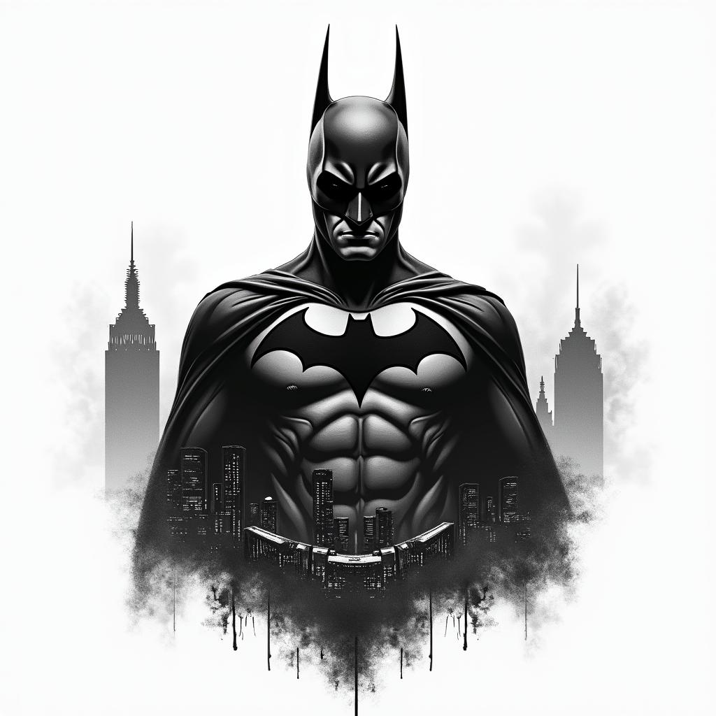 Silhouette of Batman against the Gotham skyline.higly detailed tattoo - Variation 3
