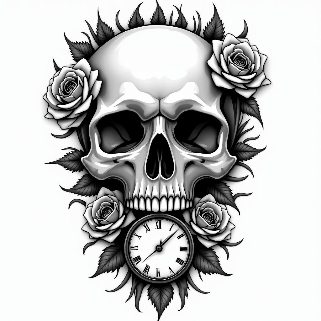 Skull with roses and clock elementstext-based tattoo, japanese font ultra-realistic, perfectly placed, high-quality font design, photo-realistic shading, 8k, high quality, finely detailed typograph - Variation 3