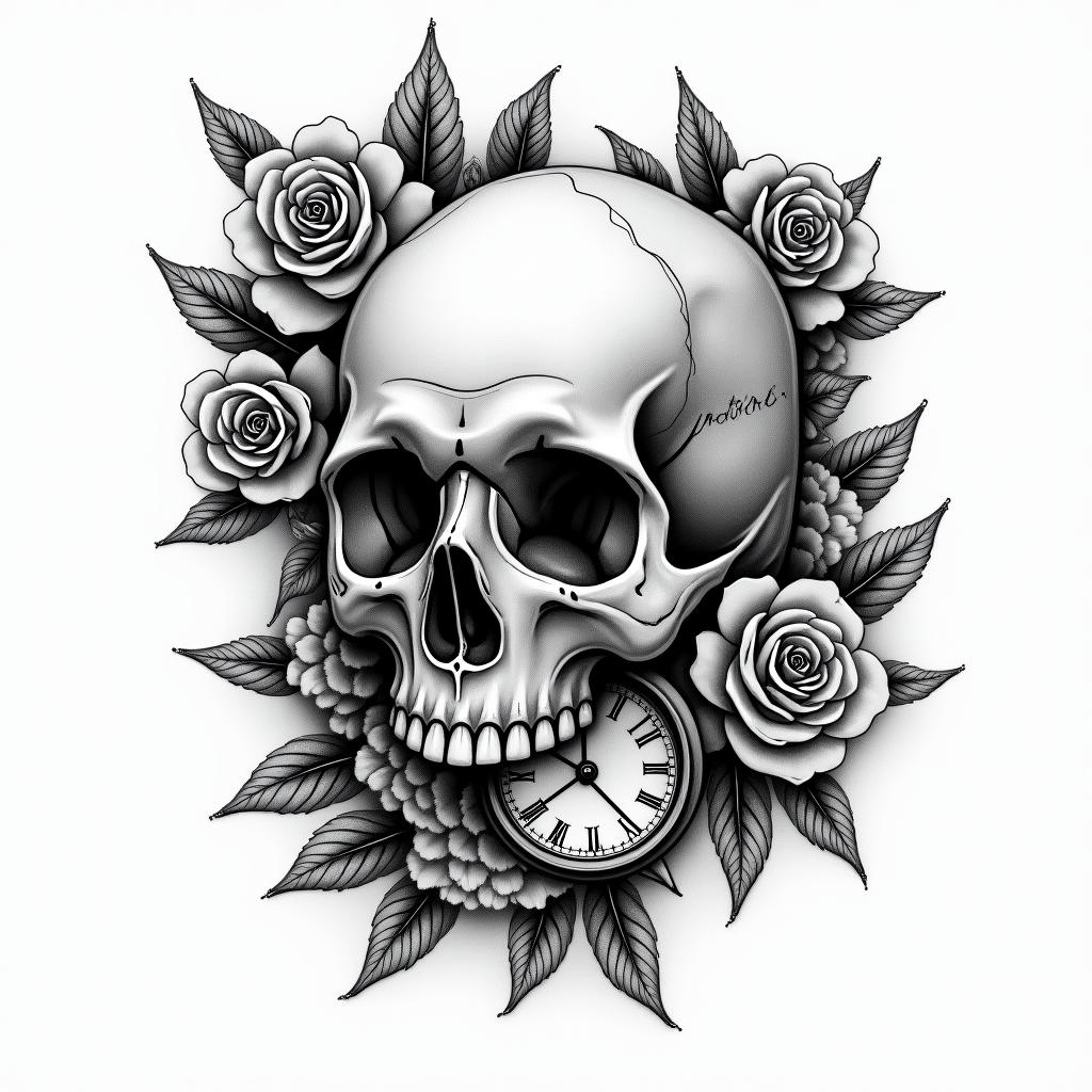 Skull with roses and clock elementstext-based tattoo, japanese font ultra-realistic, perfectly placed, high-quality font design, photo-realistic shading, 8k, high quality, finely detailed typograph - Variation 5